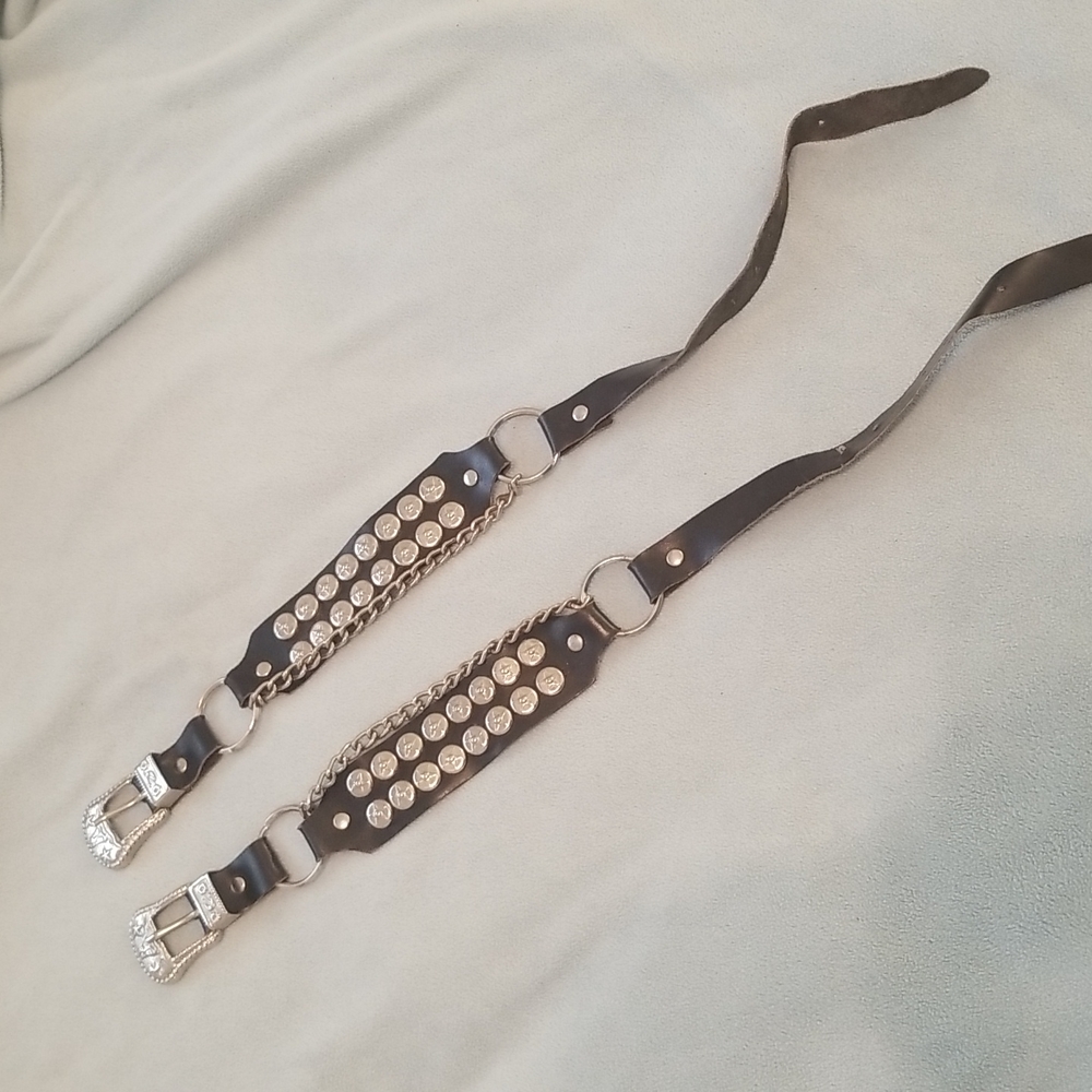 Pair of Black Leather Boot Straps Silver Chain and Stars Biker Cowboy Western